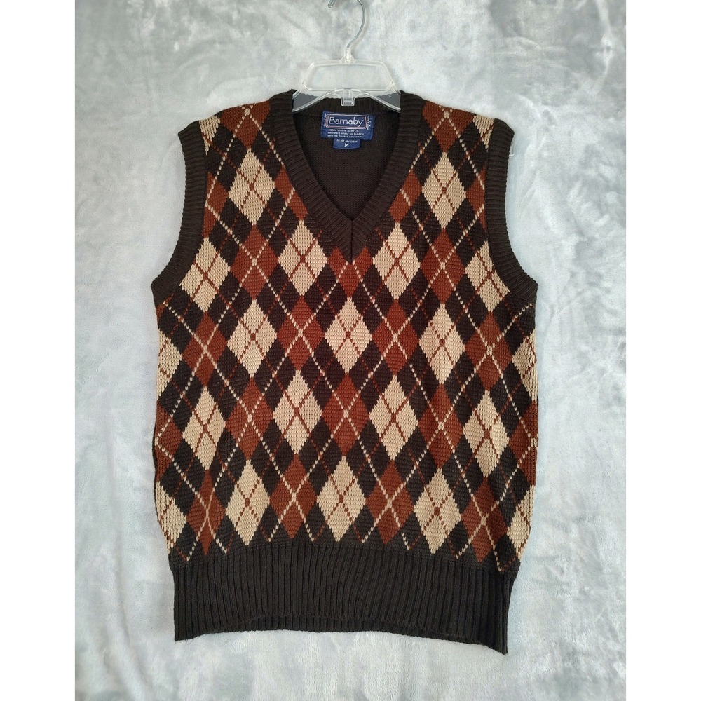 Barnaby Mens Vintage Argyle Sweater Vest Brown Tan V-Neck Medium 100% Acrylic